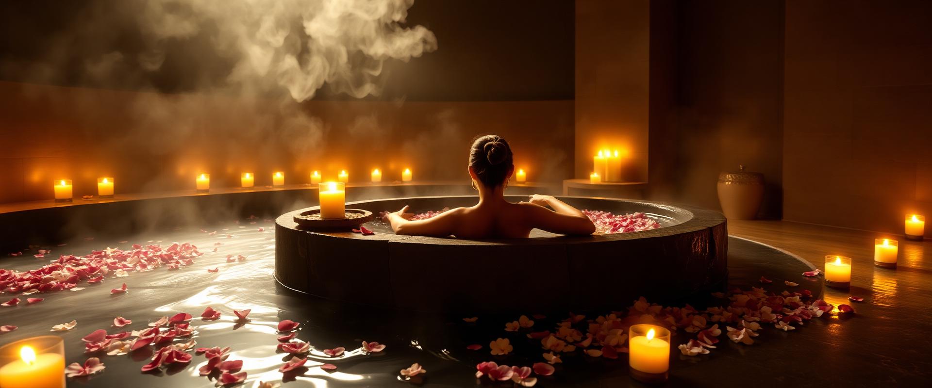 Candlelit luxury spa bath with rose petals