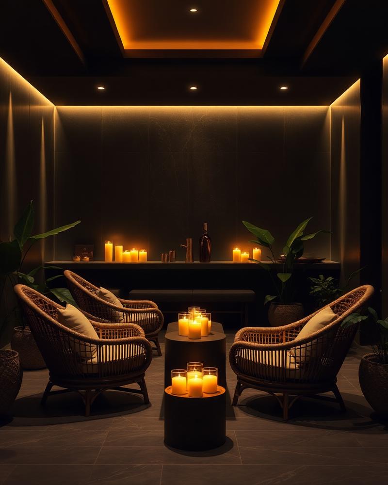 Candlelit relaxation lounge with rattan chairs