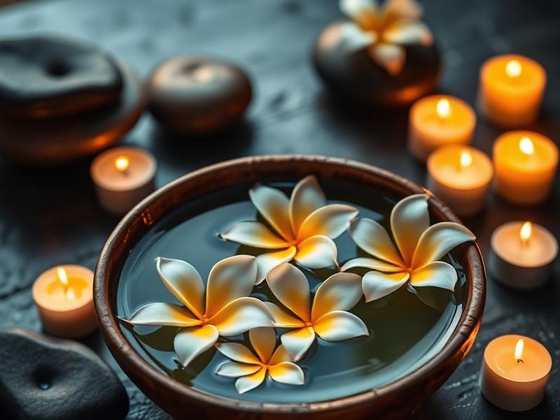 Frangipani flowers floating in a spa bowl