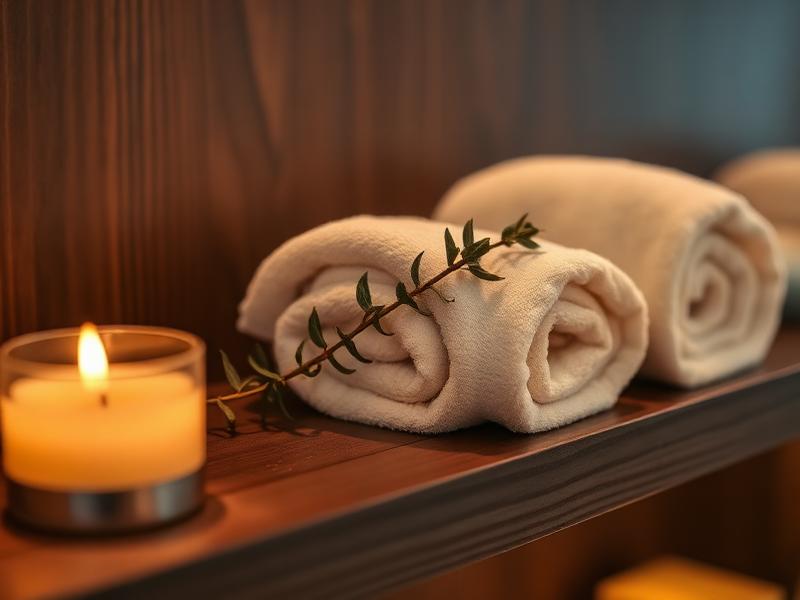 Rolled towels with eucalyptus and candlelight